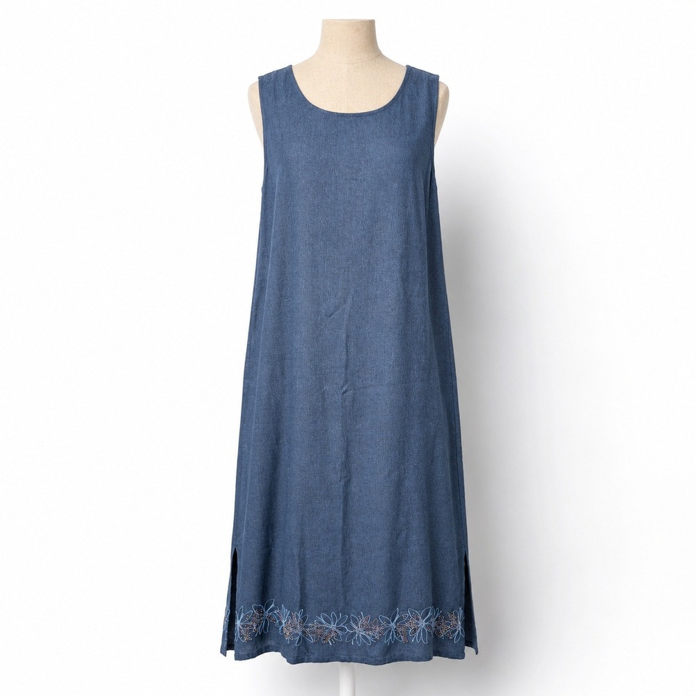Vintage 90s Floral Beaded Linen Maxi Dress Size L Blue Sleeveless Cottagecore